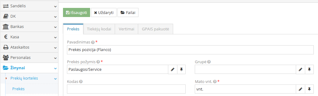 Prekės pozicijos (Flanco) kortelės sukūrimas